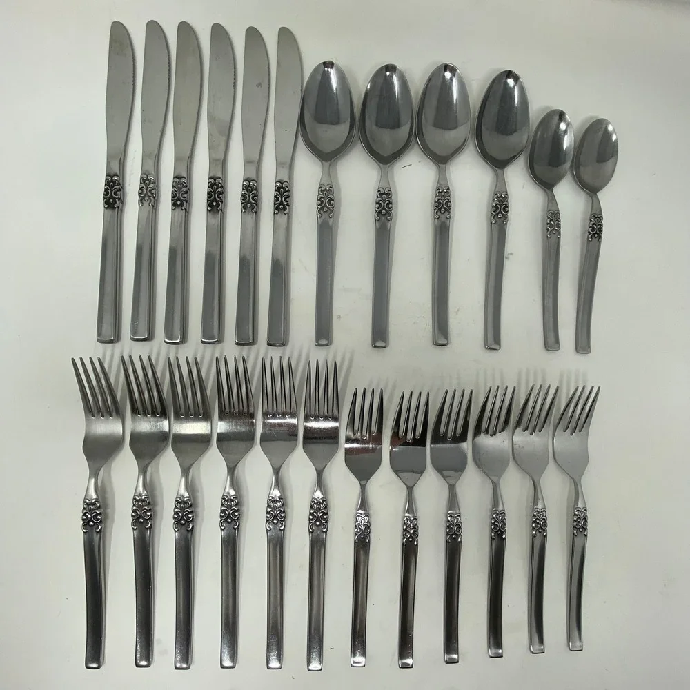 Vtg‎ Ekco Eterna Japan 24 Piece Flatware Set Mid Century Floral Scroll Stainless